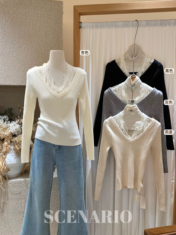 SCENARIO Lace-Edged V-Neck Knit Top-Two Colors
