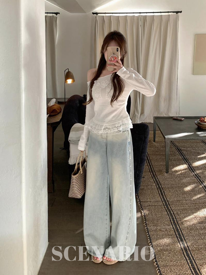 SCENARIO Pearl Line Wide-Leg Jeans-Blue