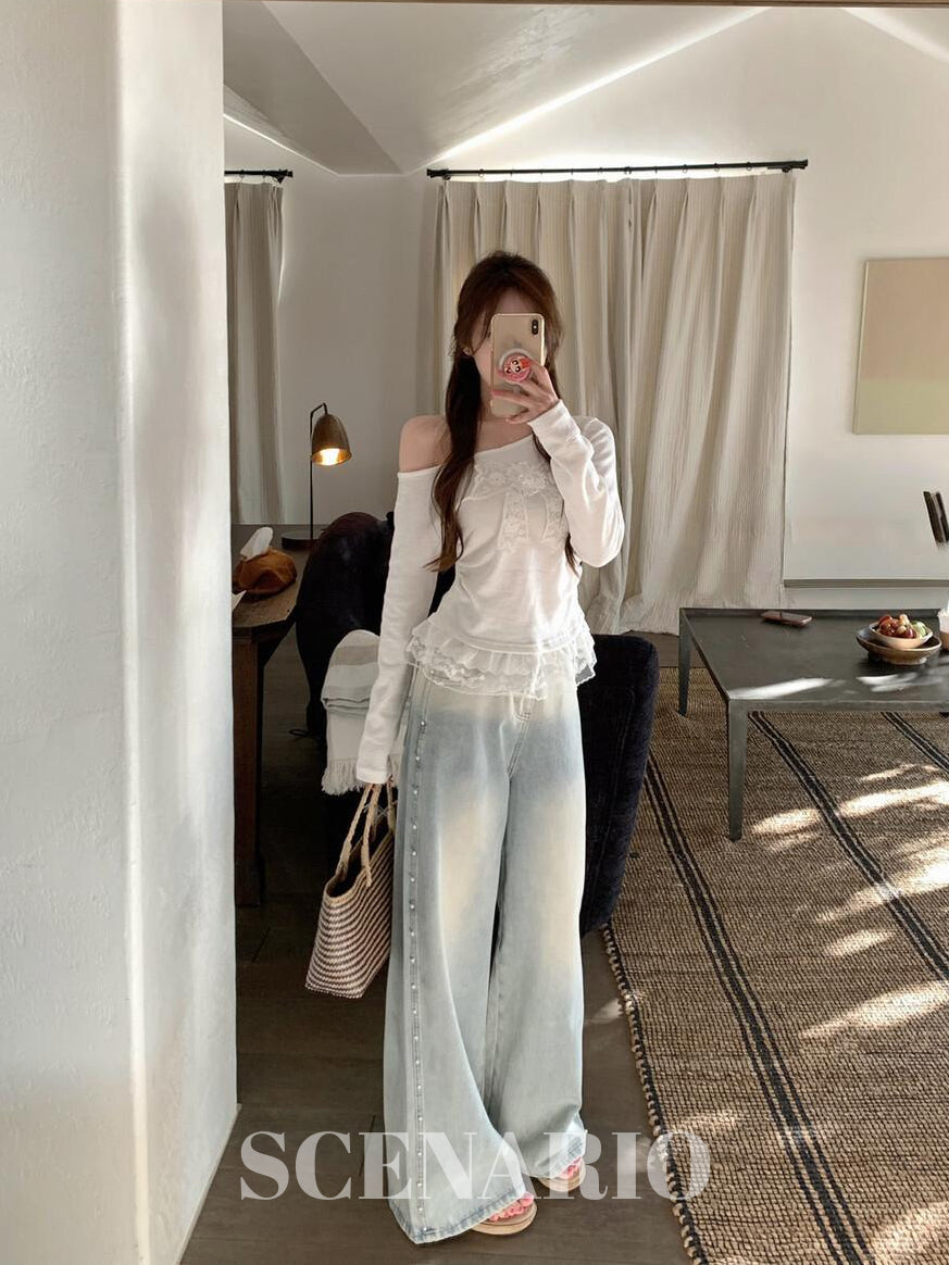 SCENARIO Pearl Line Wide-Leg Jeans-Blue