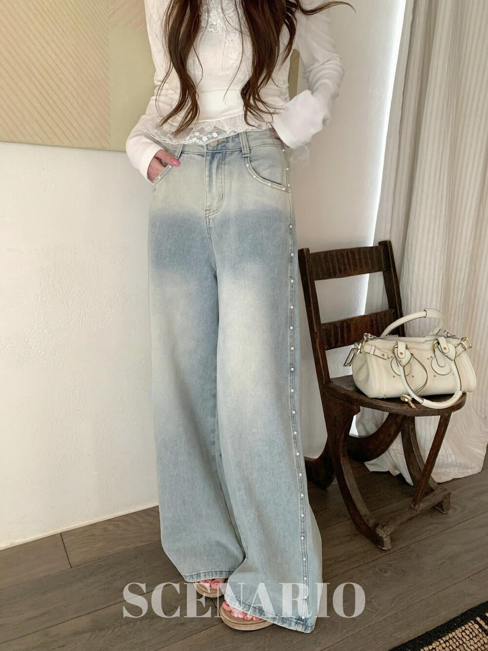 SCENARIO Pearl Line Wide-Leg Jeans-Blue