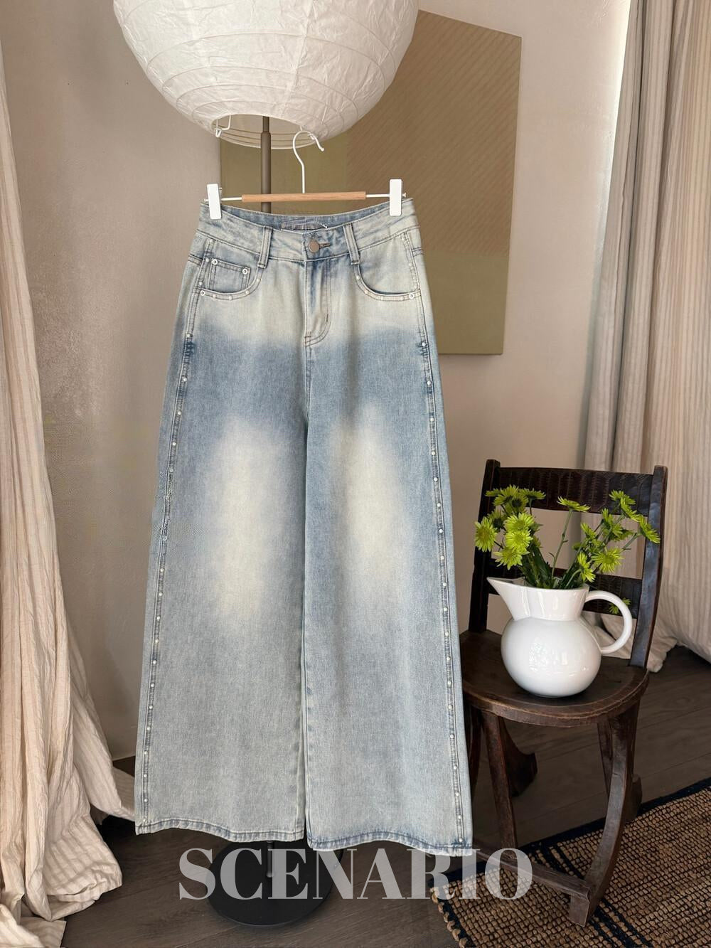 SCENARIO Pearl Line Wide-Leg Jeans-Blue