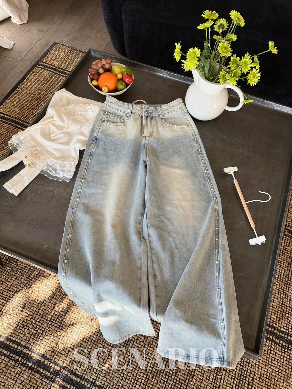 SCENARIO Pearl Line Wide-Leg Jeans-Blue
