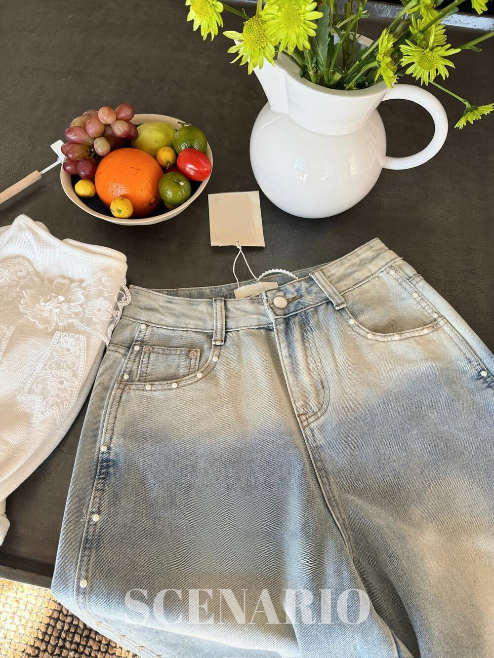 SCENARIO Pearl Line Wide-Leg Jeans-Blue