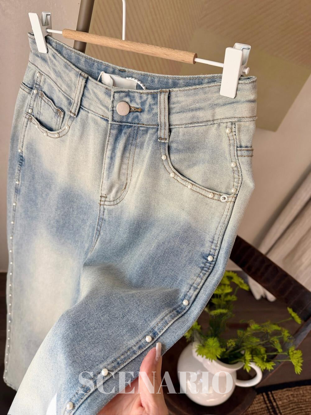 SCENARIO Pearl Line Wide-Leg Jeans-Blue