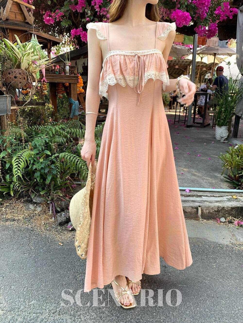 SCENARIO Rosy Breeze Lace Maxi Dress-Pink
