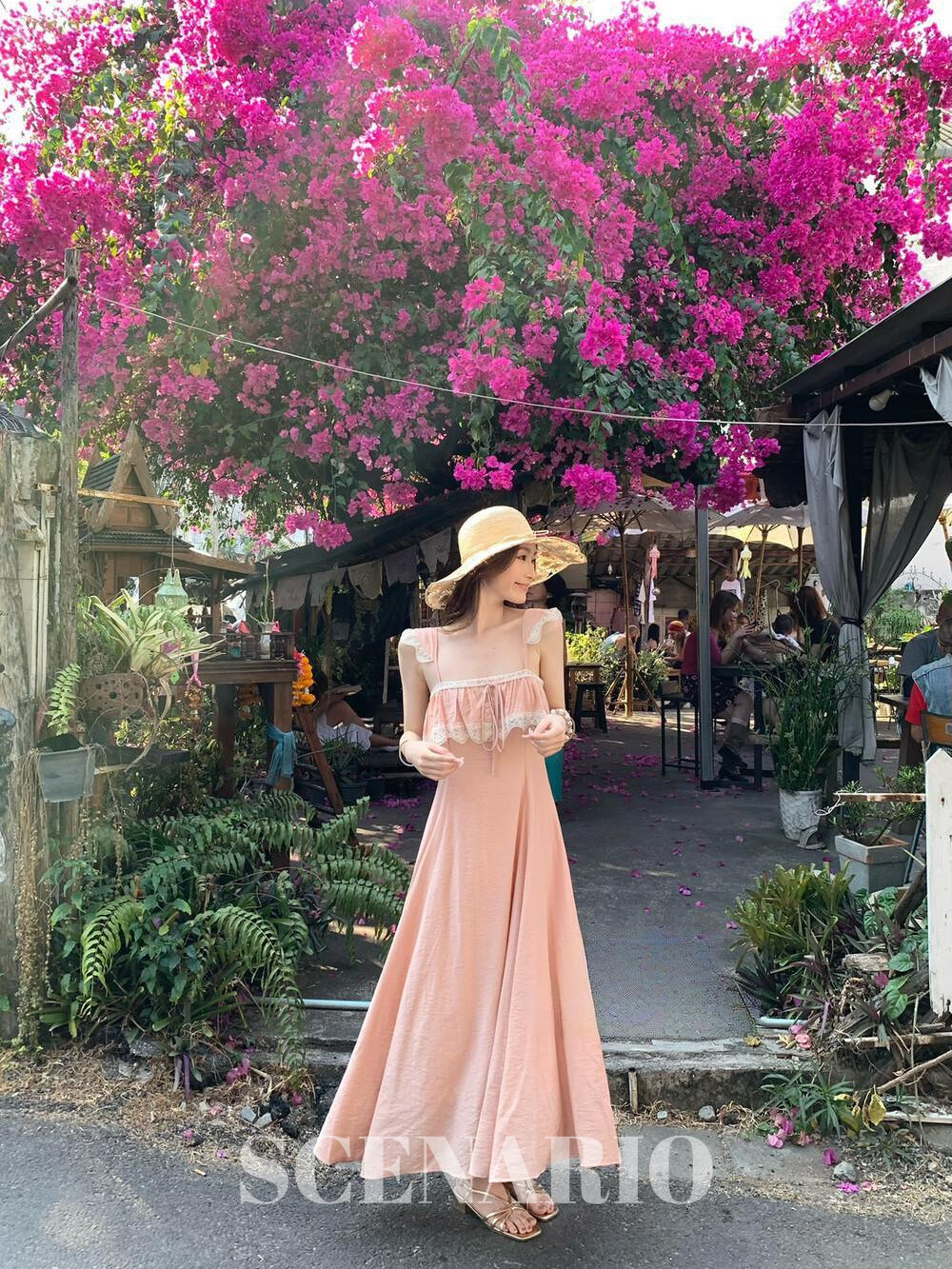 SCENARIO Rosy Breeze Lace Maxi Dress-Pink
