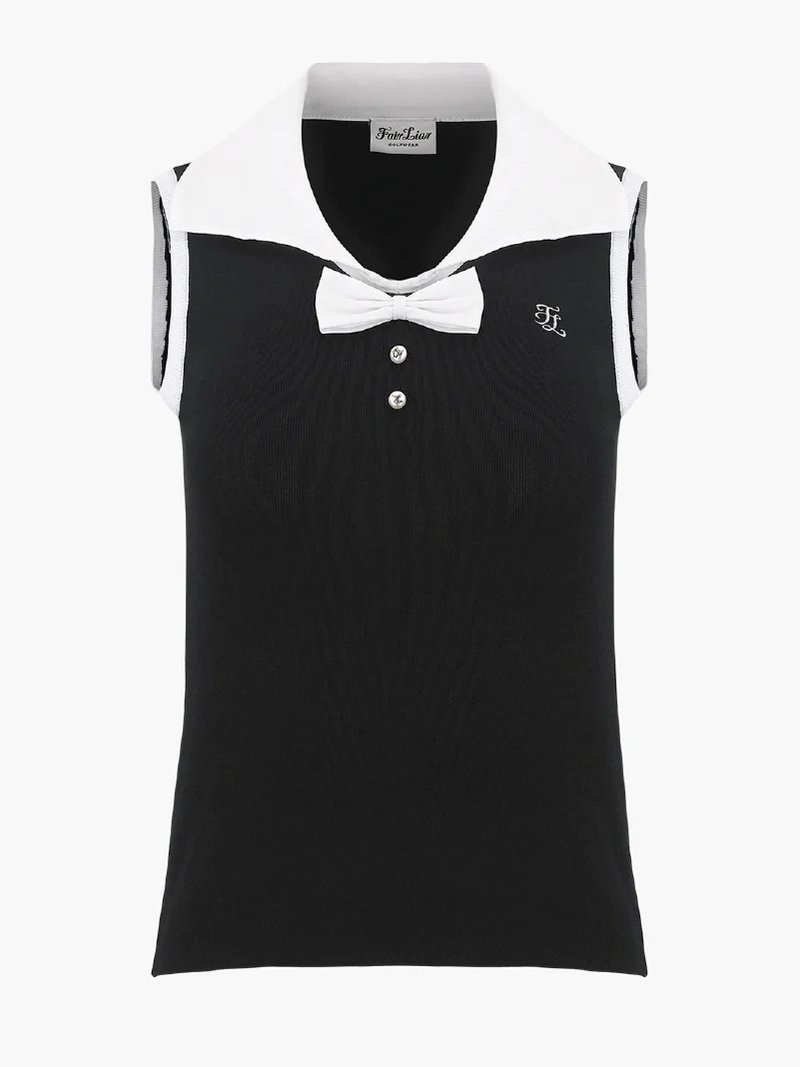 FAIRLIAR Open Collar Ribbon Sleeveless Knit-2 Colors