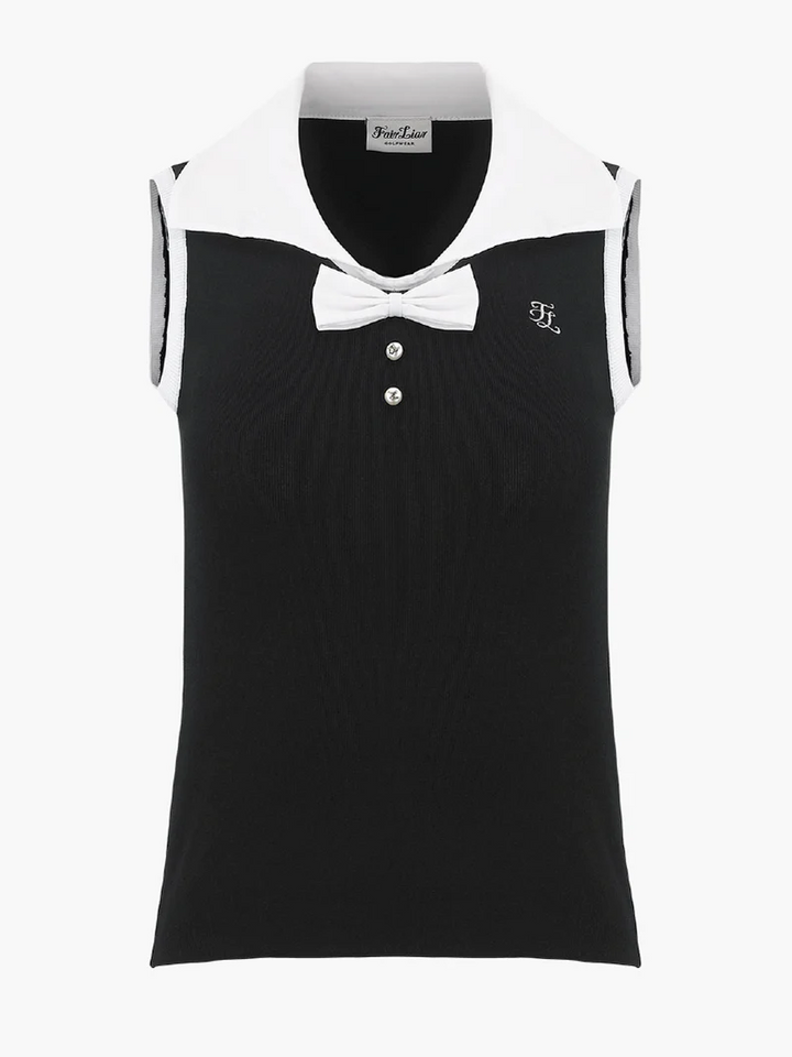 FAIRLIAR Open Collar Ribbon Sleeveless Knit-2 Colors