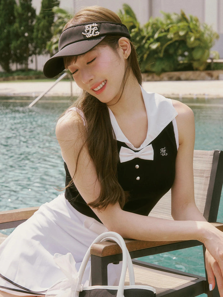 FAIRLIAR Open Collar Ribbon Sleeveless Knit-2 Colors