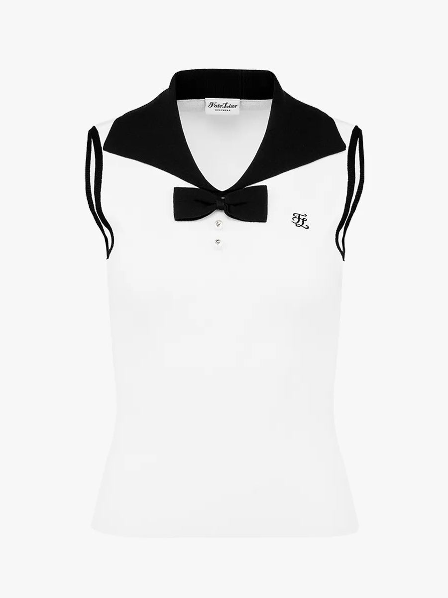 FAIRLIAR Open Collar Ribbon Sleeveless Knit-2 Colors