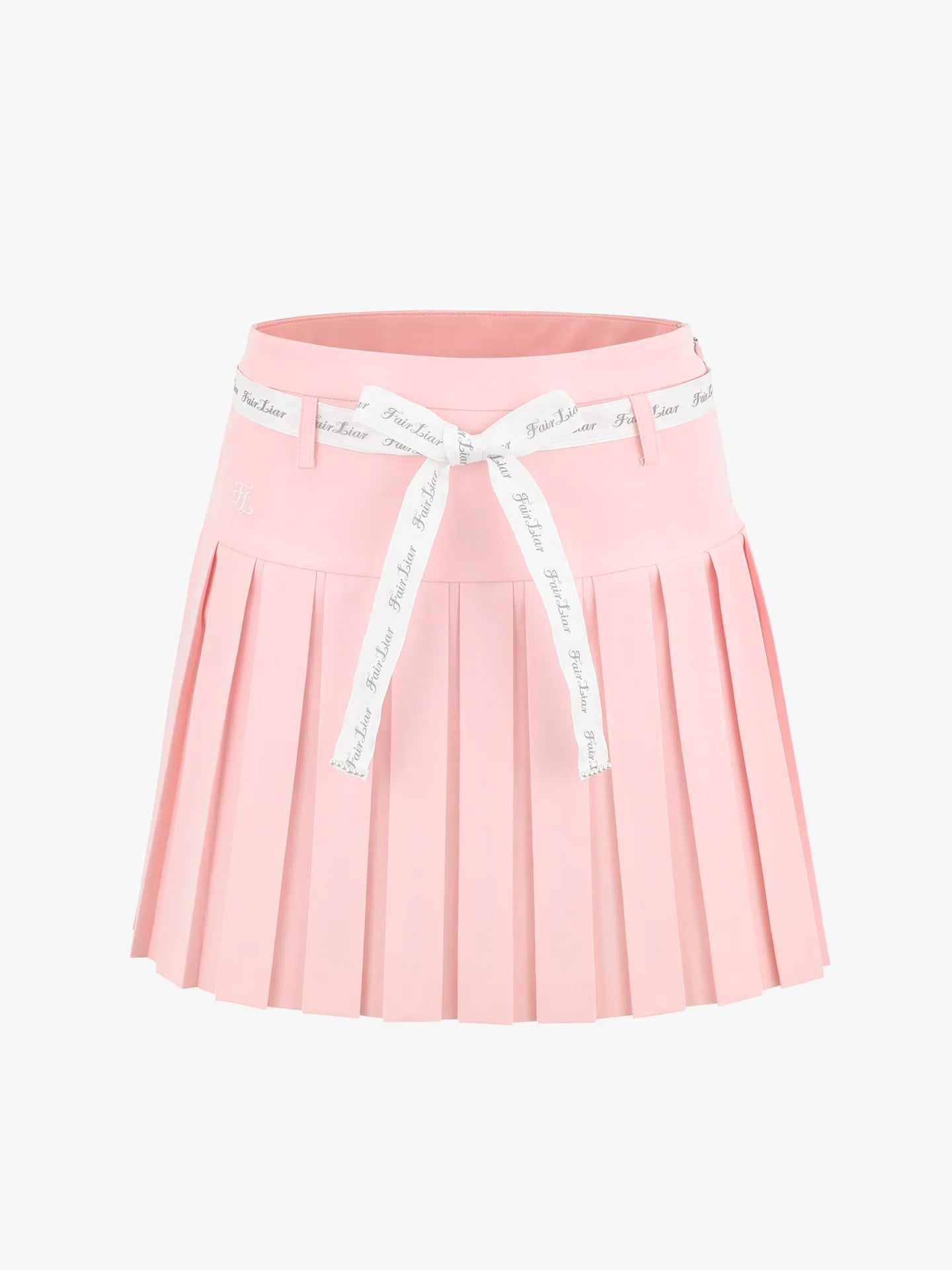 FAIRLIAR Ribbon Belt High-Waist Double Pleated Skirt-Pink