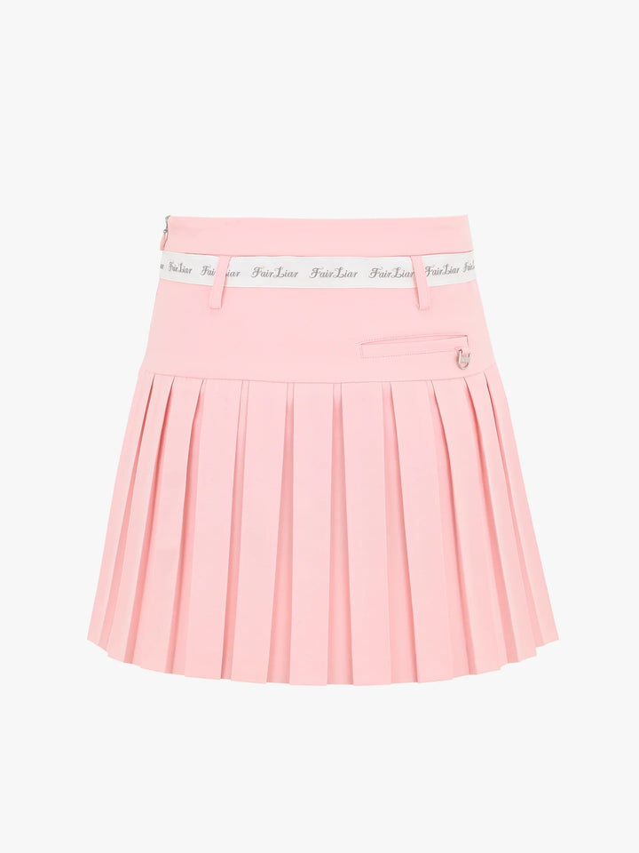 FAIRLIAR Ribbon Belt High-Waist Double Pleated Skirt-Pink