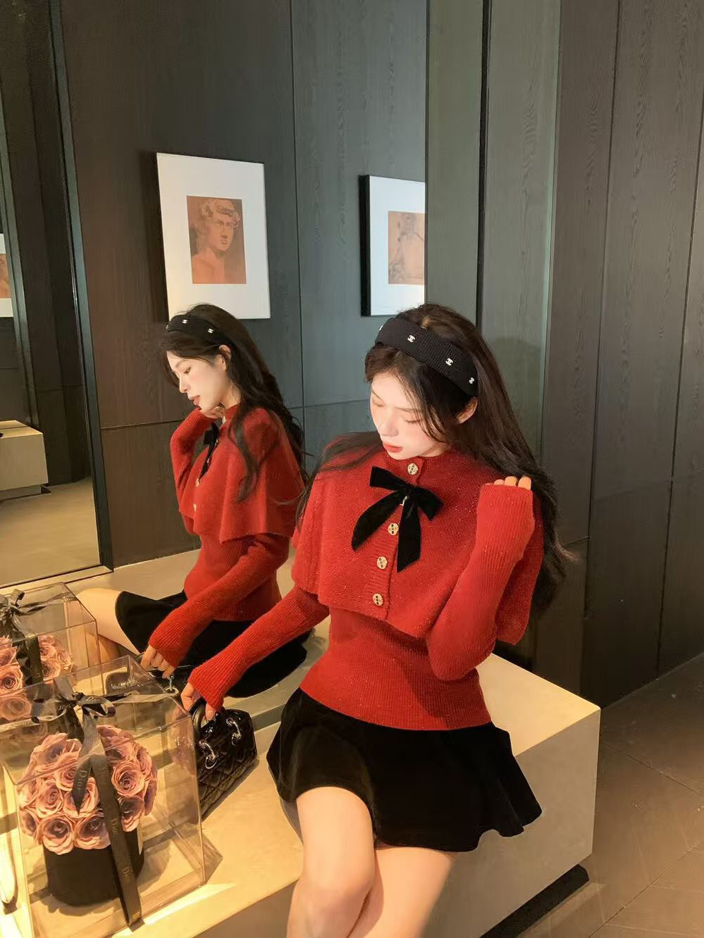 SCENARIO Bow-Draped Knit Top-Two Colors