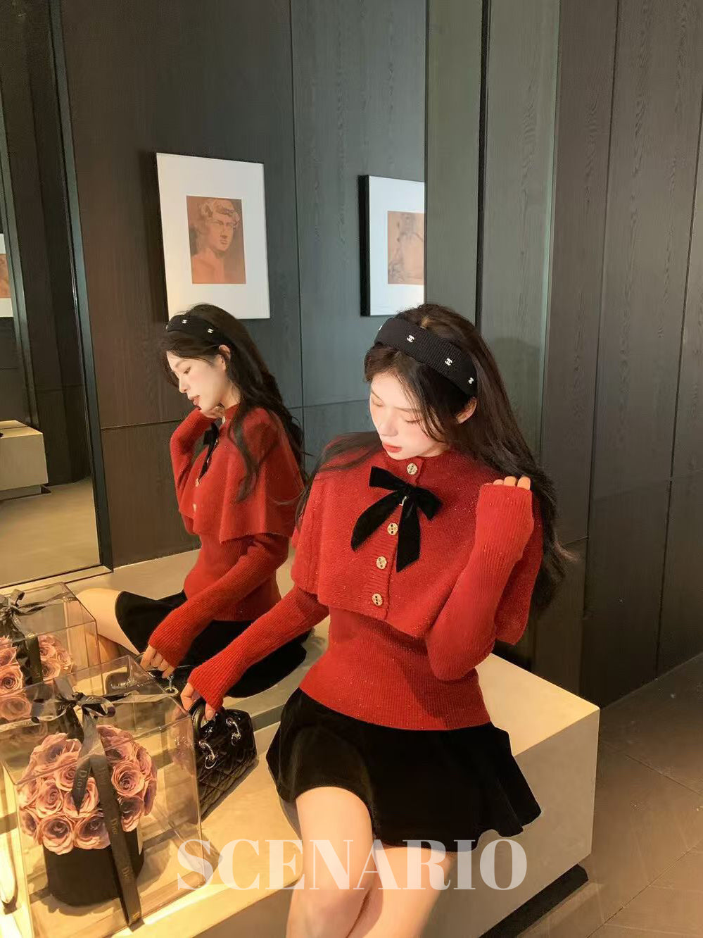 SCENARIO Bow-Draped Knit Top-Two Colors