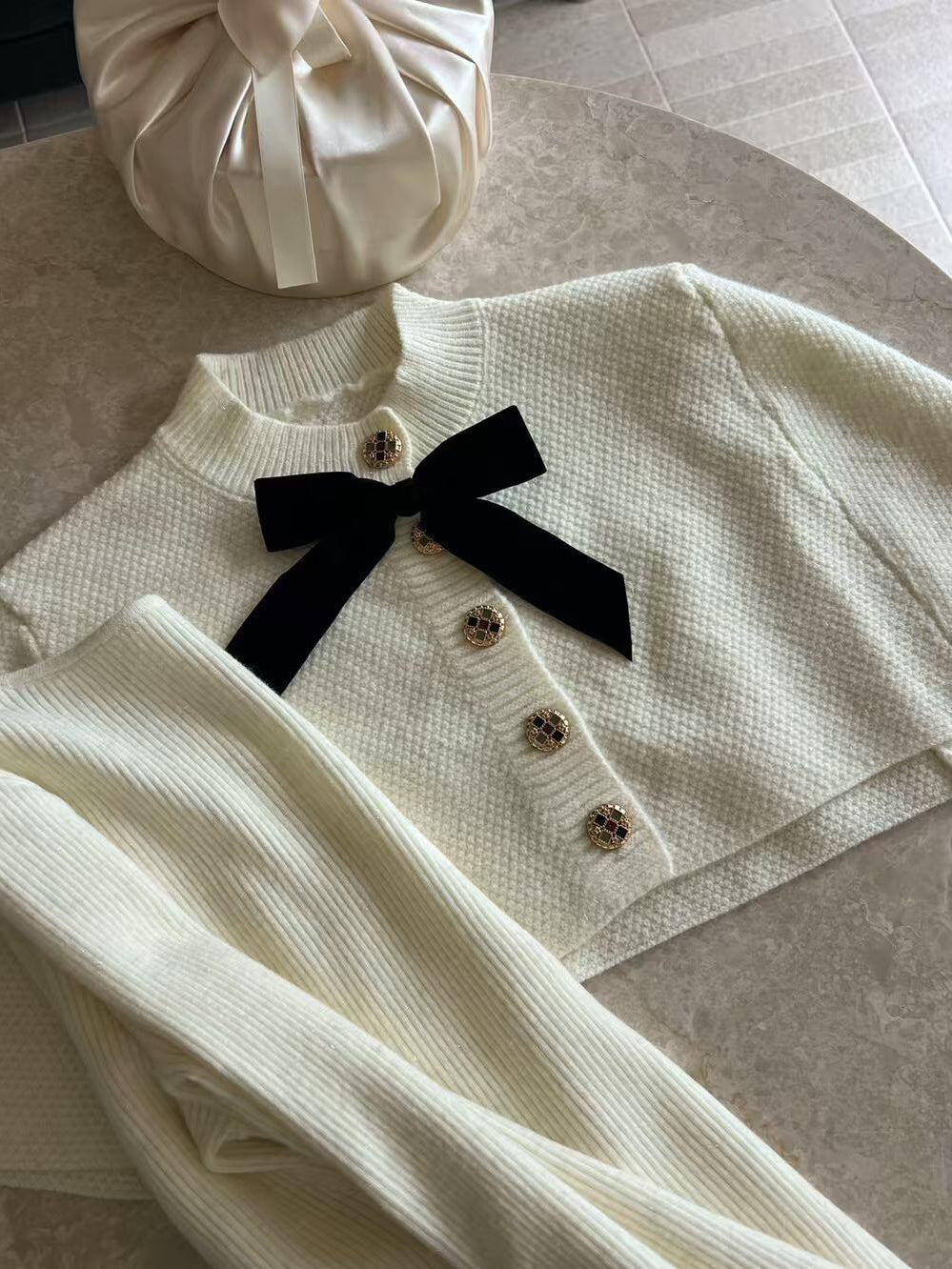 SCENARIO Bow-Draped Knit Top-Two Colors