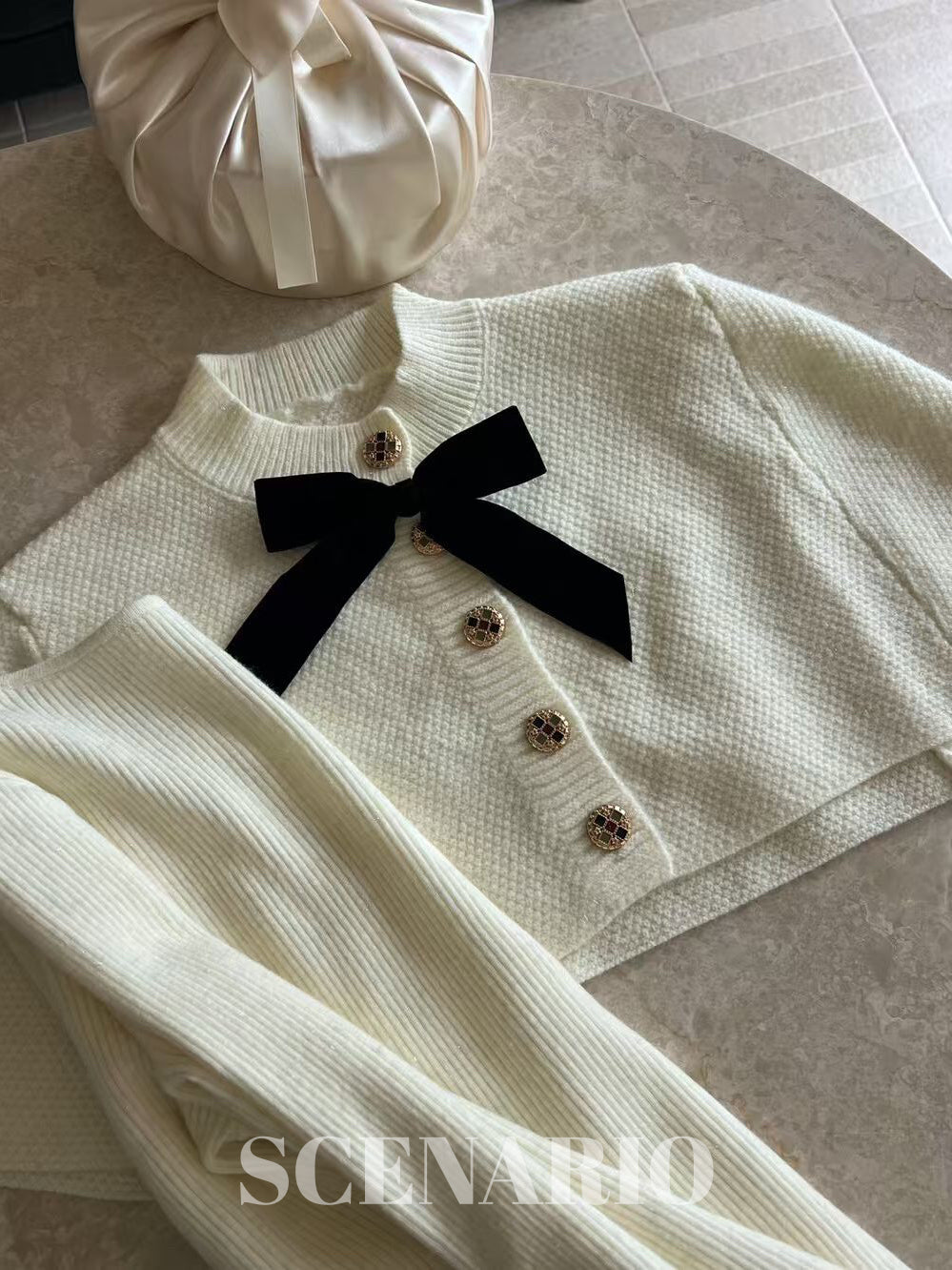 SCENARIO Bow-Draped Knit Top-Two Colors