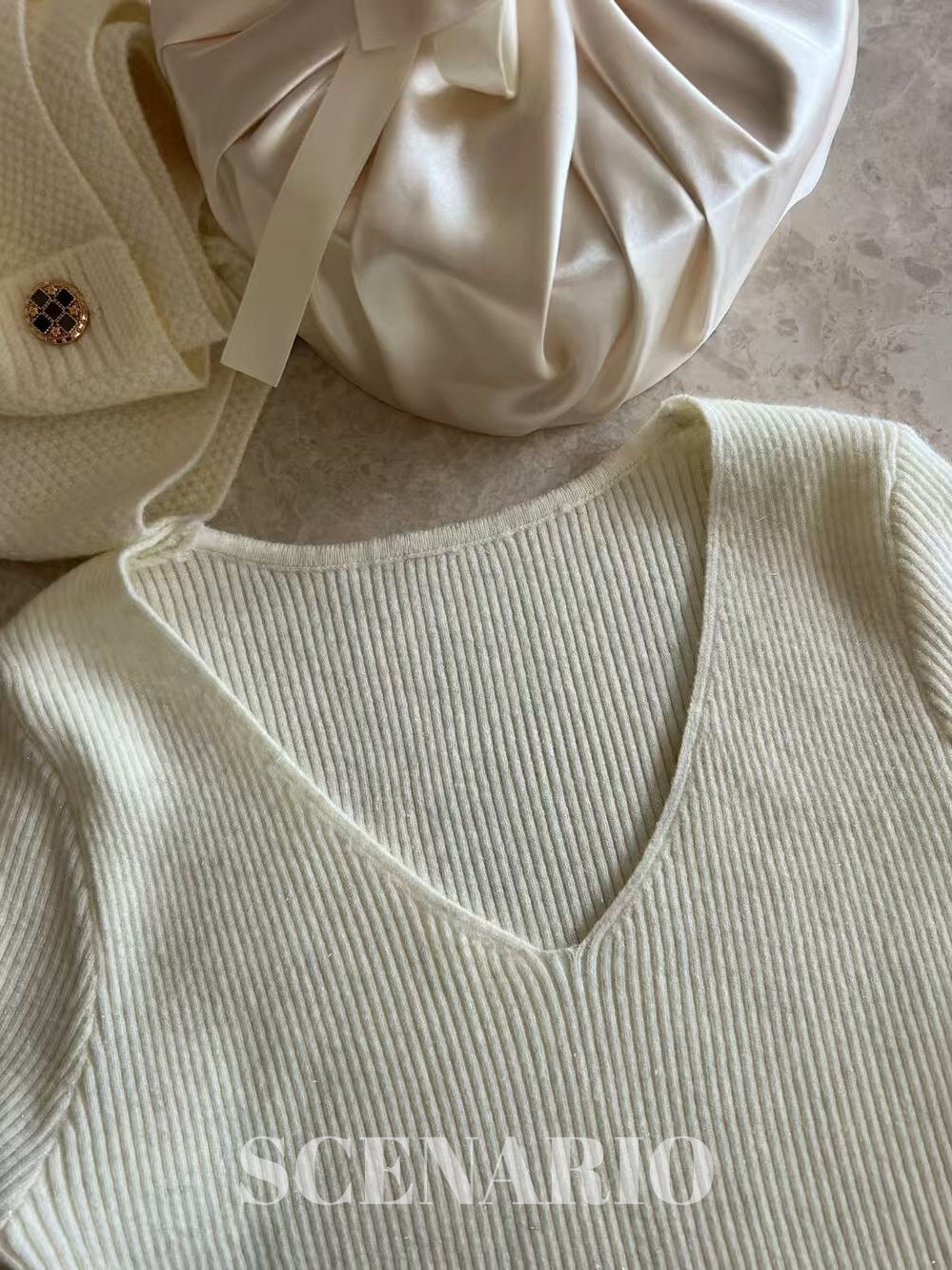 SCENARIO Bow-Draped Knit Top-Two Colors