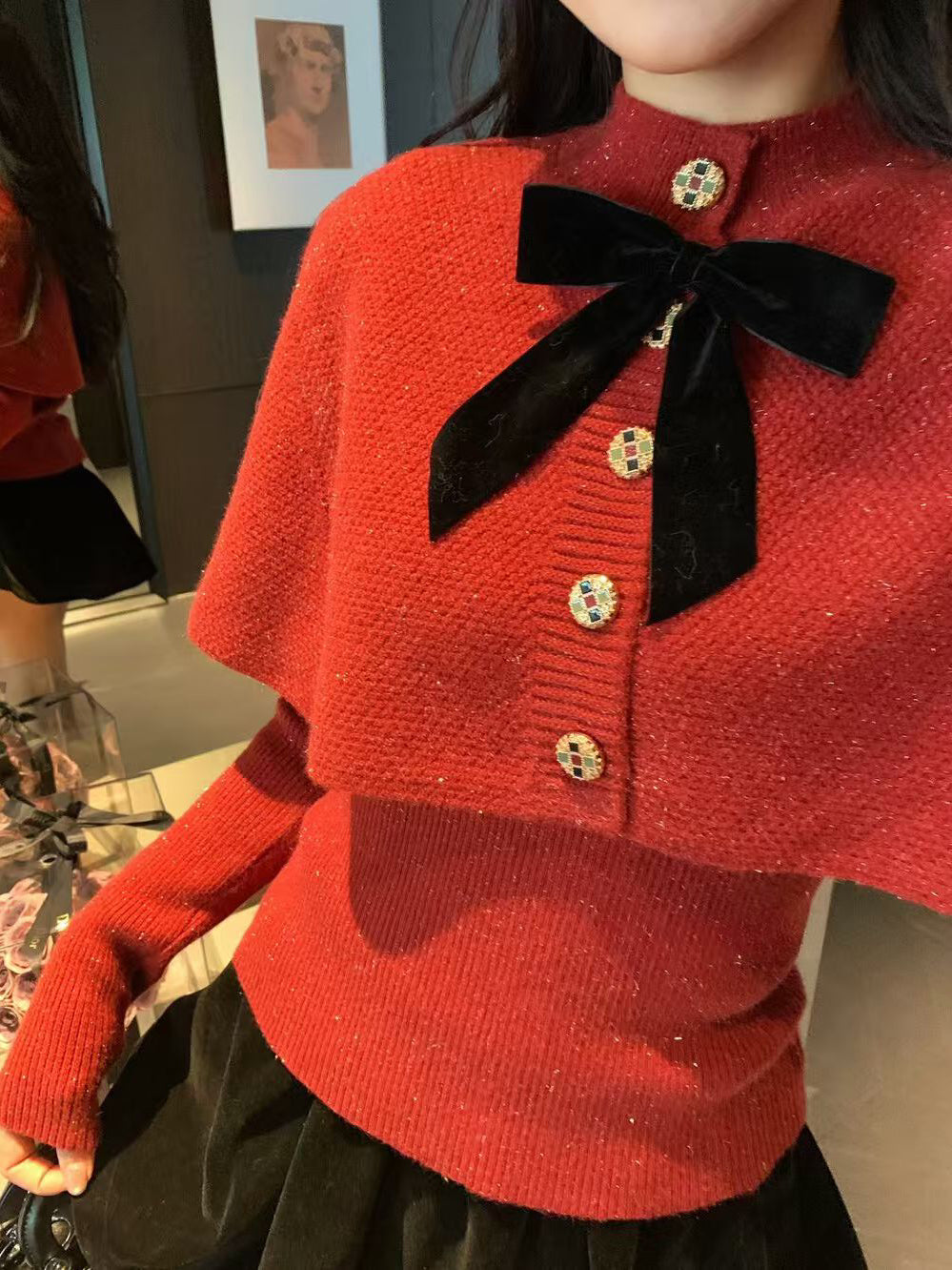 SCENARIO Bow-Draped Knit Top-Two Colors