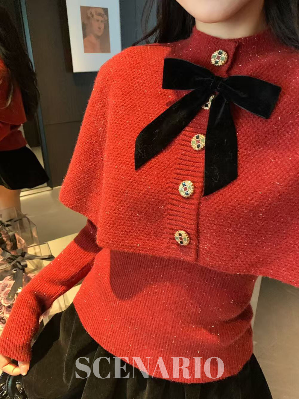 SCENARIO Bow-Draped Knit Top-Two Colors