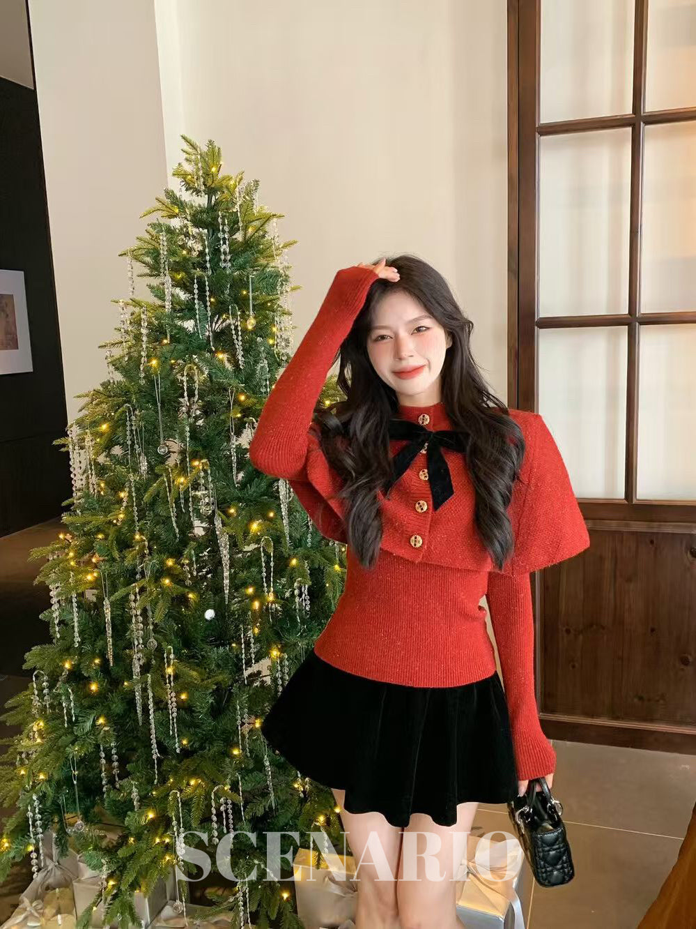 SCENARIO Bow-Draped Knit Top-Two Colors