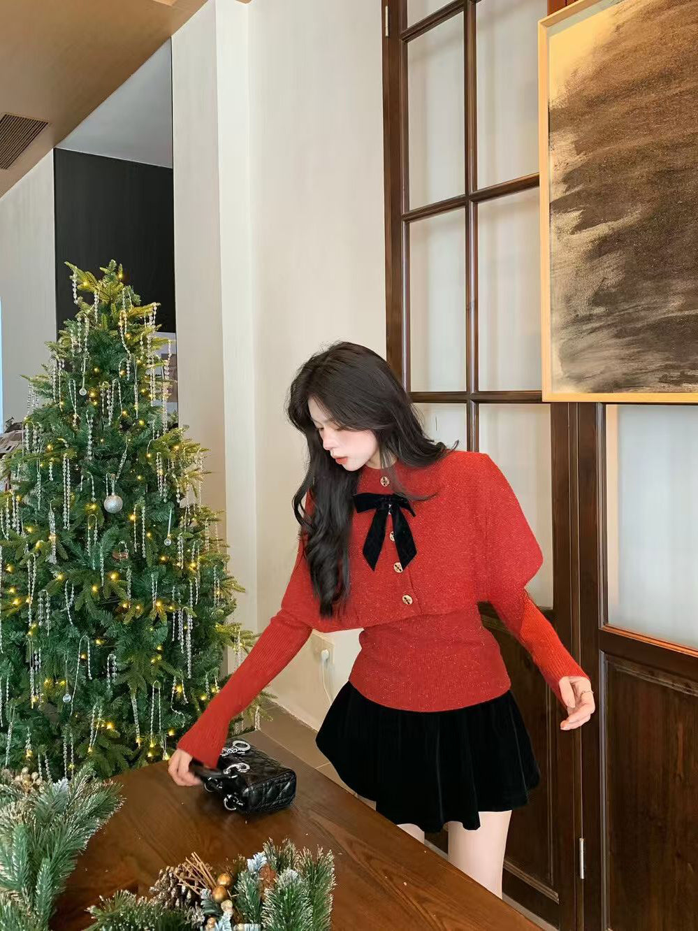 SCENARIO Bow-Draped Knit Top-Two Colors