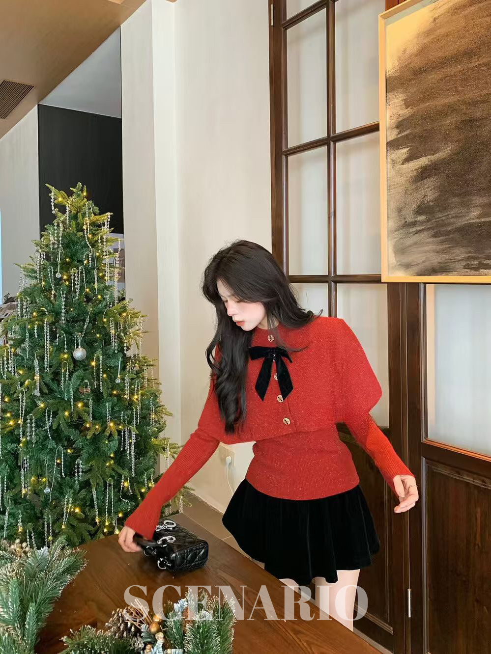 SCENARIO Bow-Draped Knit Top-Two Colors