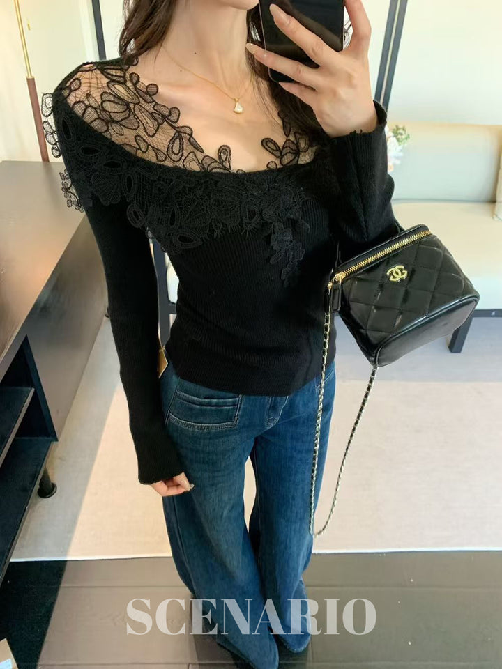 SCENARIO Lace Grace Knit Top-2 Colors