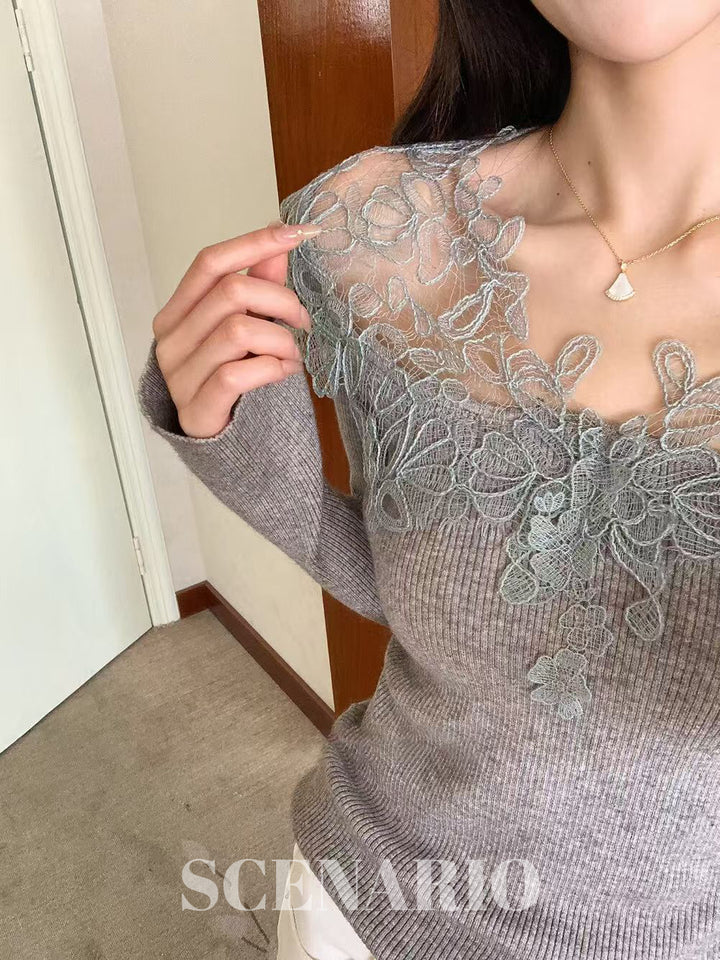 SCENARIO Lace Grace Knit Top-2 Colors