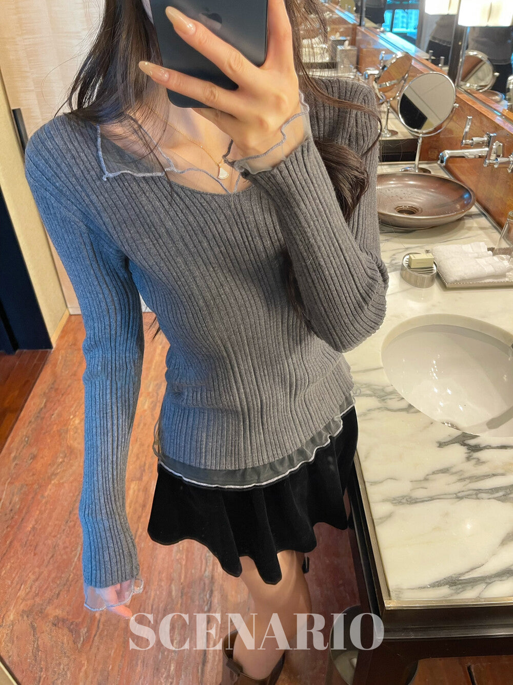 SCENARIO Soft Sheer Ribbed Knit Top-4 Colors