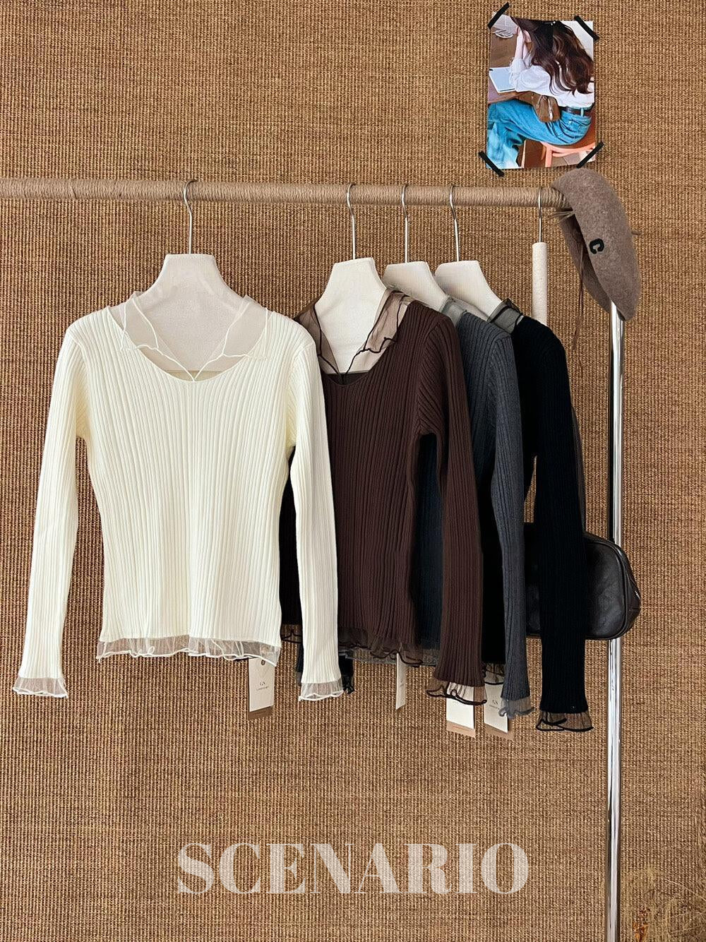 SCENARIO Soft Sheer Ribbed Knit Top-4 Colors