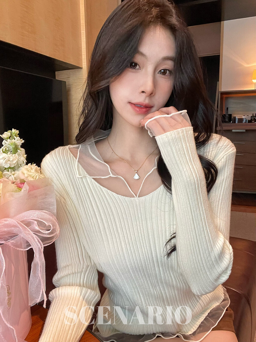 SCENARIO Soft Sheer Ribbed Knit Top-4 Colors