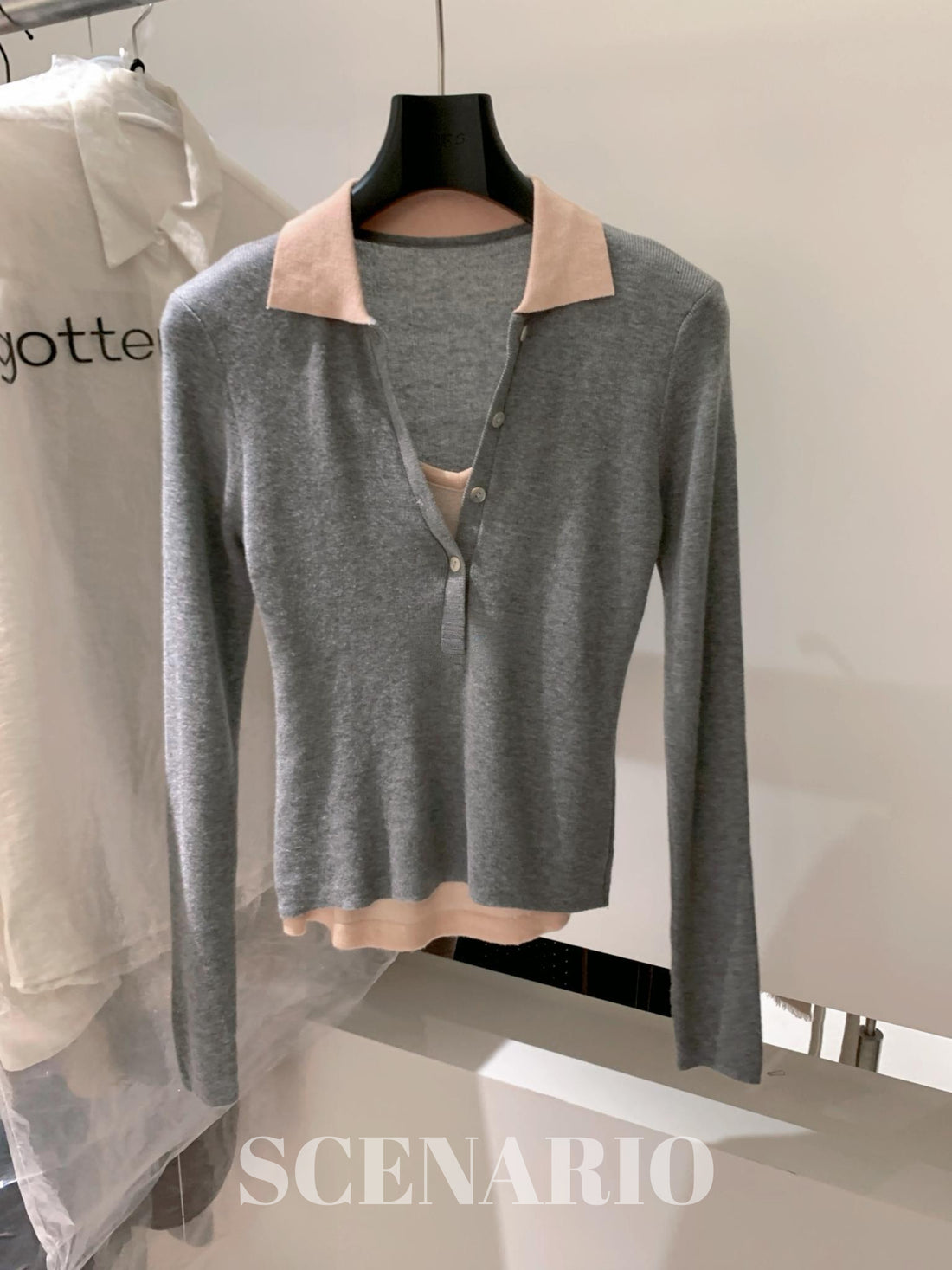 SCENARIO Blush Collar Knit Top-Grey