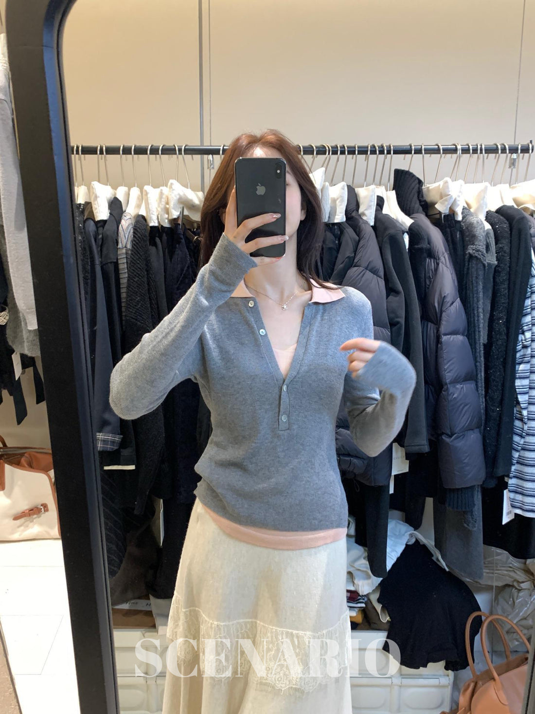 SCENARIO Blush Collar Knit Top-Grey