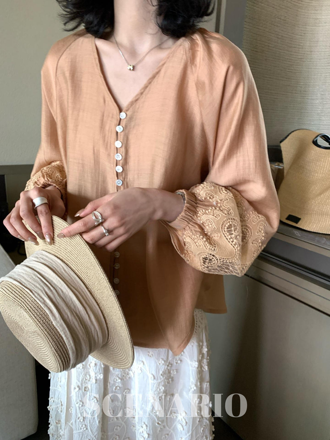SCENARIO Amber Lace Sleeve Blouse – Orange