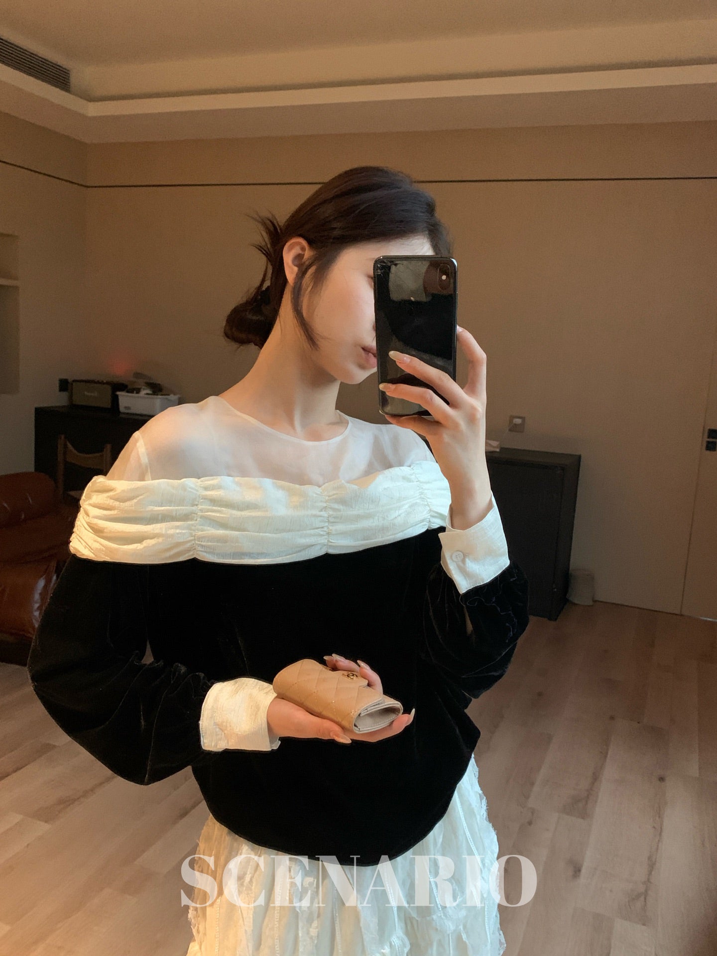 SCENARIO Sheer Trim Blouse-Black