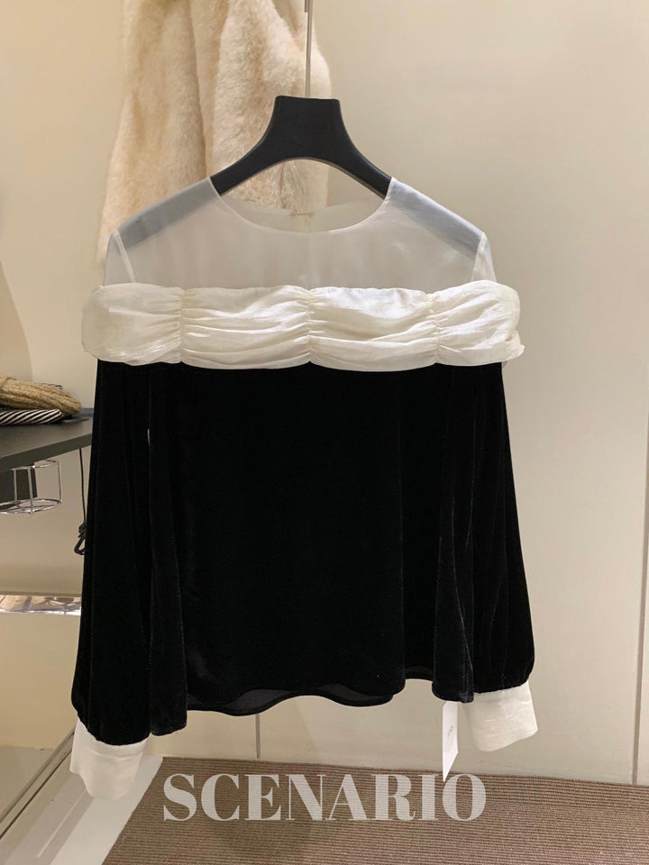 SCENARIO Sheer Trim Blouse-Black