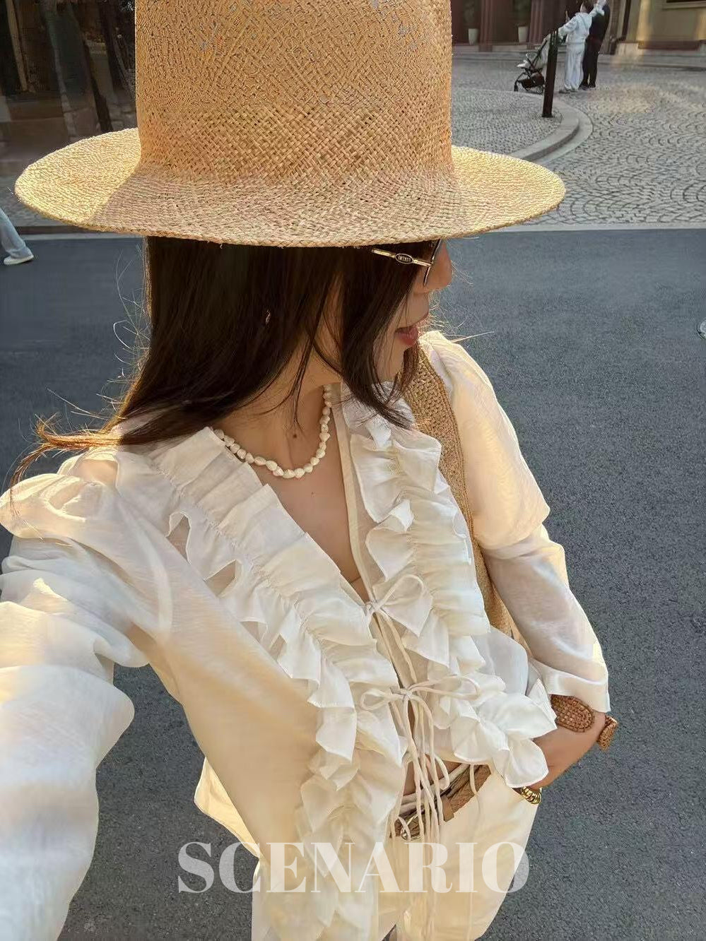 SCENARIO Ivory Ruffle Tie Blouse-Ivory