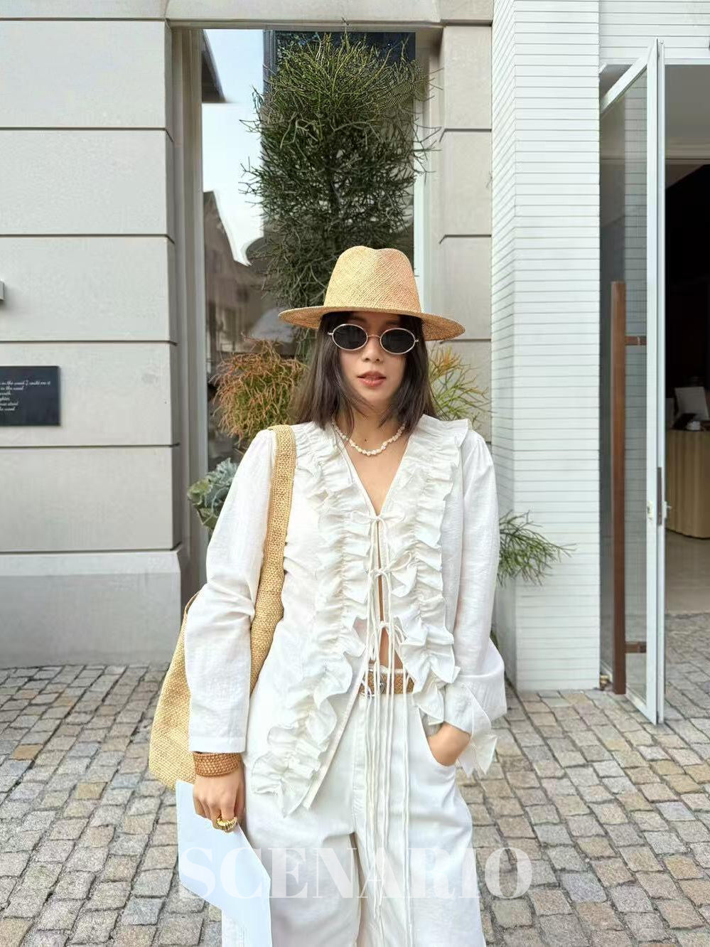 SCENARIO Ivory Ruffle Tie Blouse-Ivory