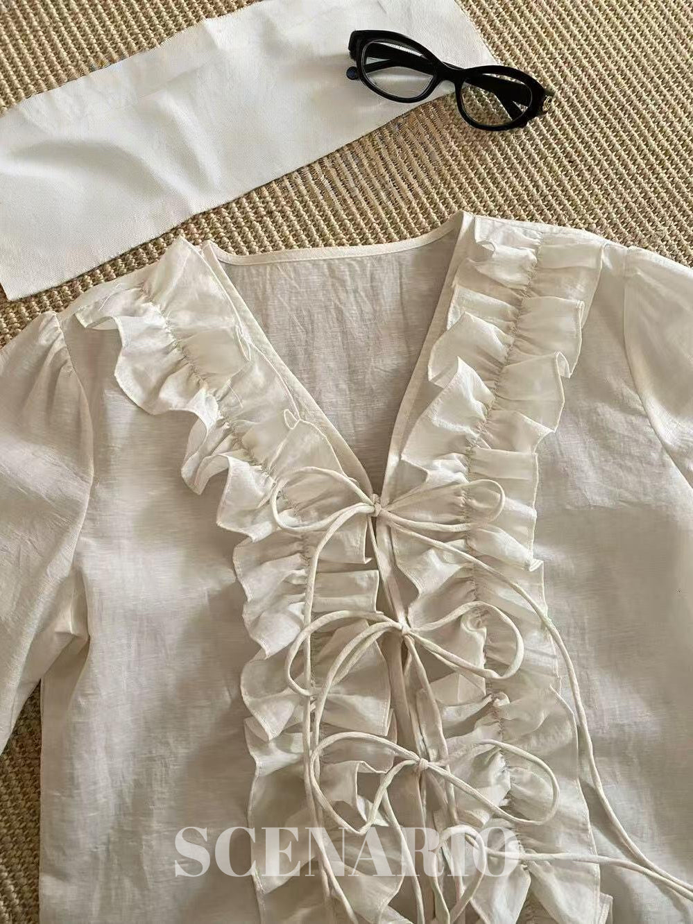 SCENARIO Ivory Ruffle Tie Blouse-Ivory