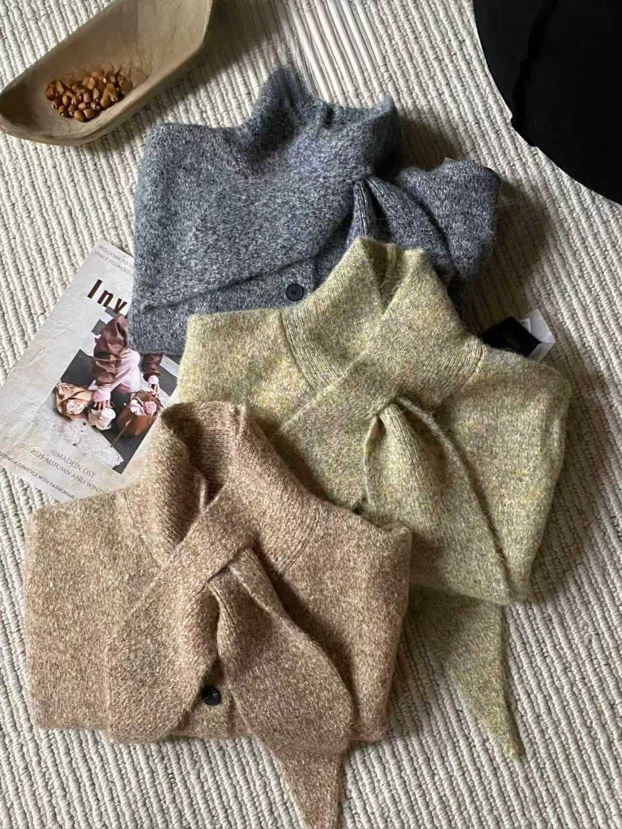 SCENARIO Lazy Scarf-Collar Wool Blend Knit Cardigan-3 Colors