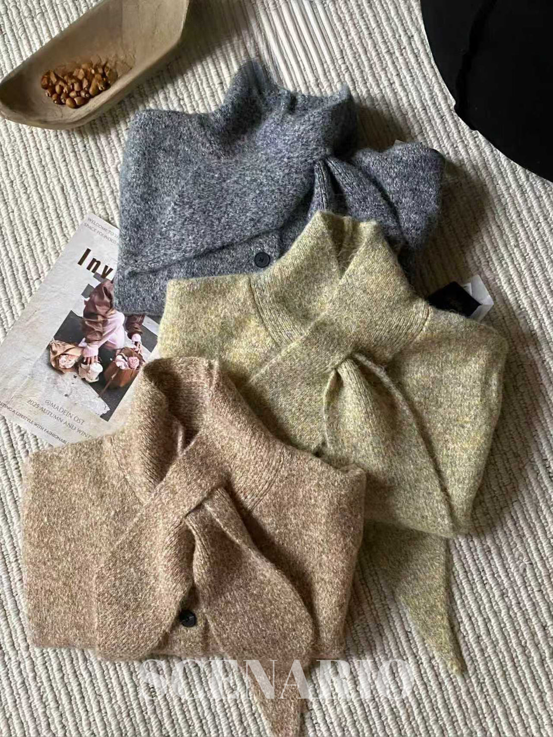 SCENARIO Lazy Scarf-Collar Wool Blend Knit Cardigan-3 Colors