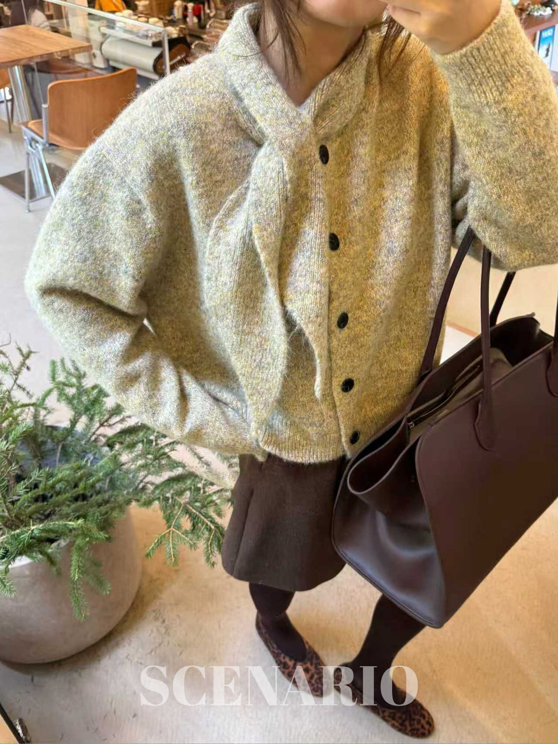 SCENARIO Lazy Scarf-Collar Wool Blend Knit Cardigan-3 Colors