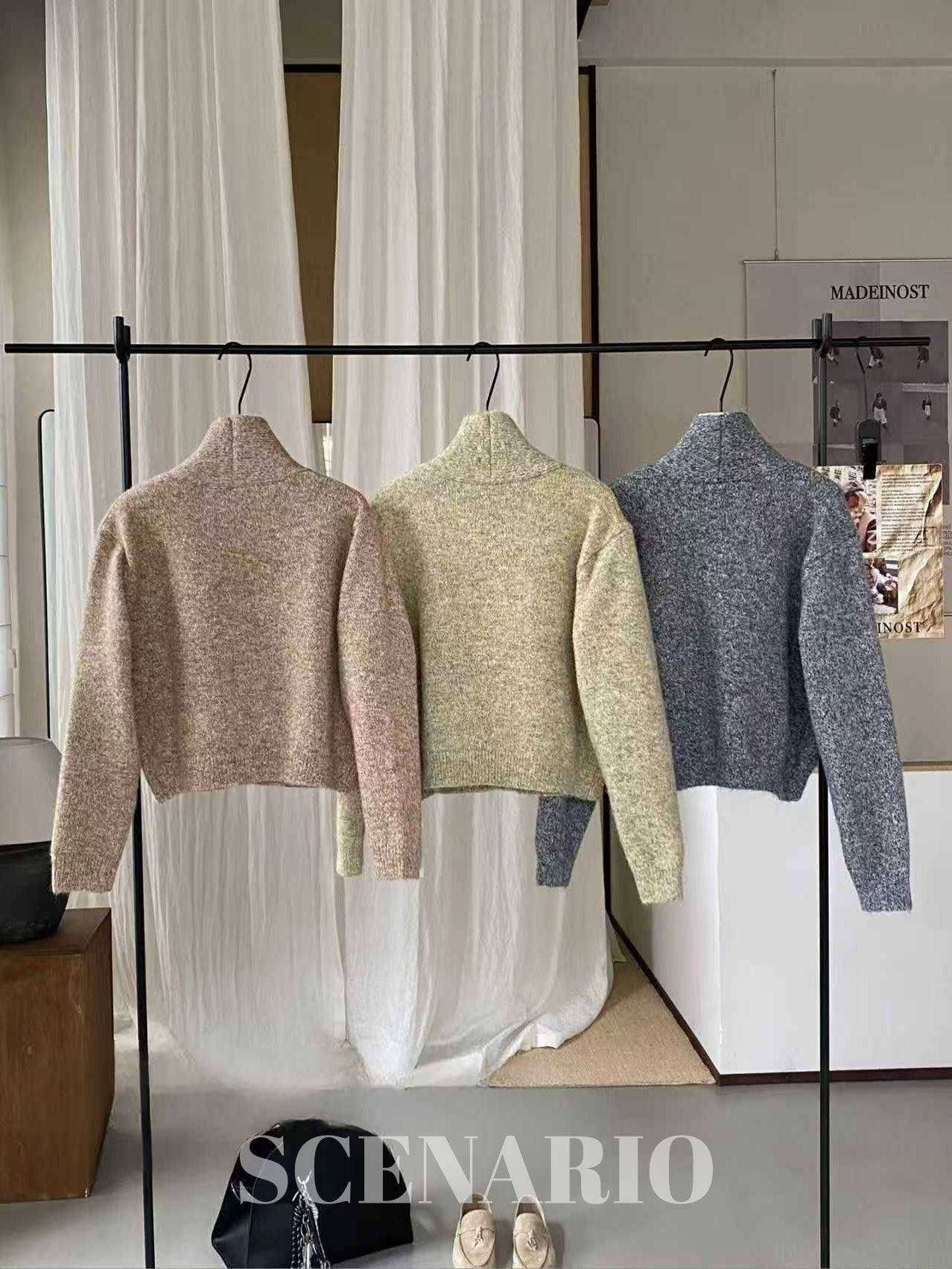 SCENARIO Lazy Scarf-Collar Wool Blend Knit Cardigan-3 Colors