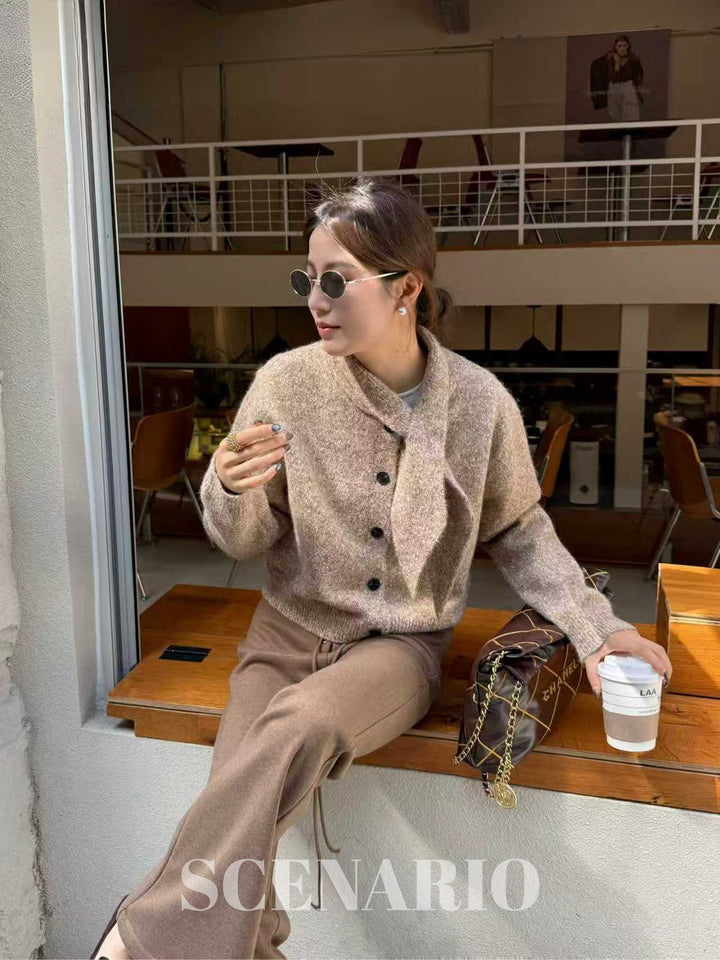 SCENARIO Lazy Scarf-Collar Wool Blend Knit Cardigan-3 Colors