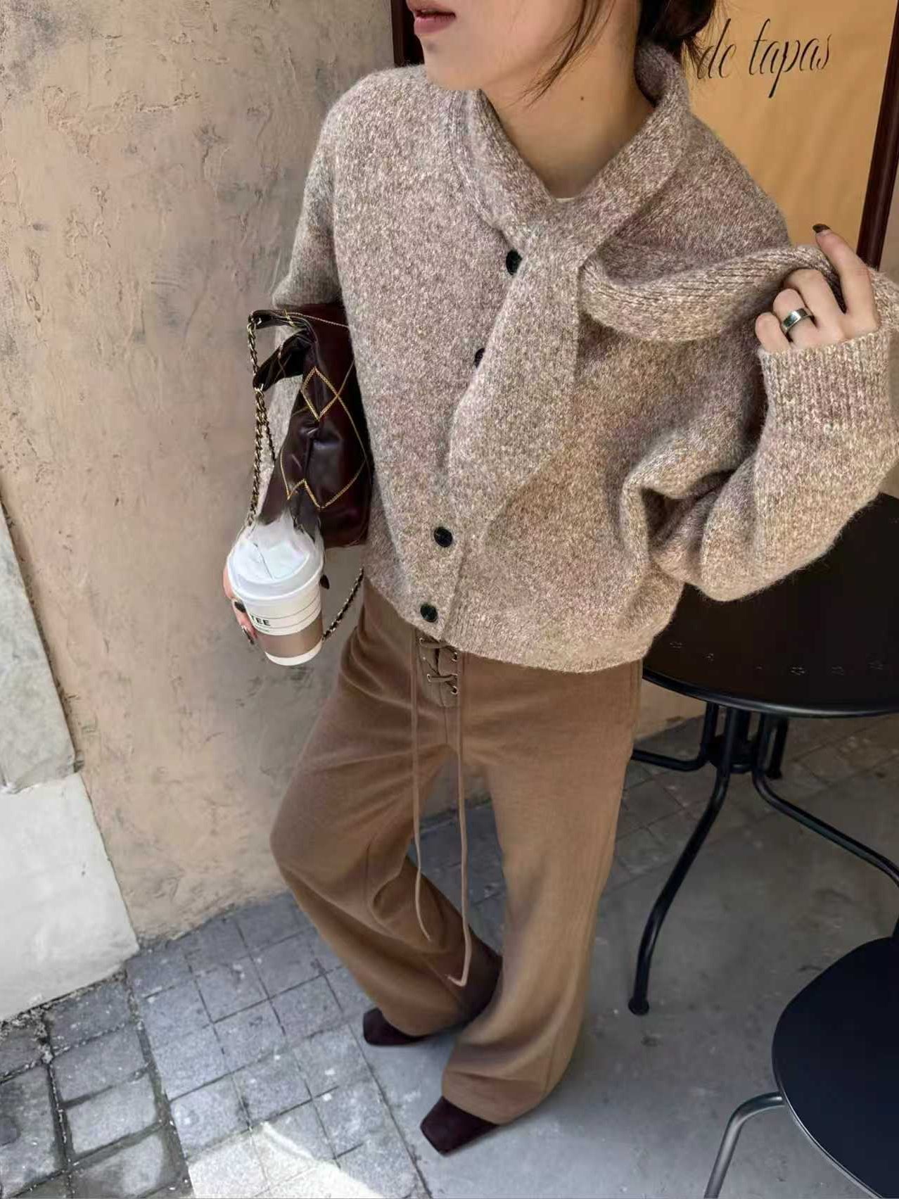 SCENARIO Lazy Scarf-Collar Wool Blend Knit Cardigan-3 Colors