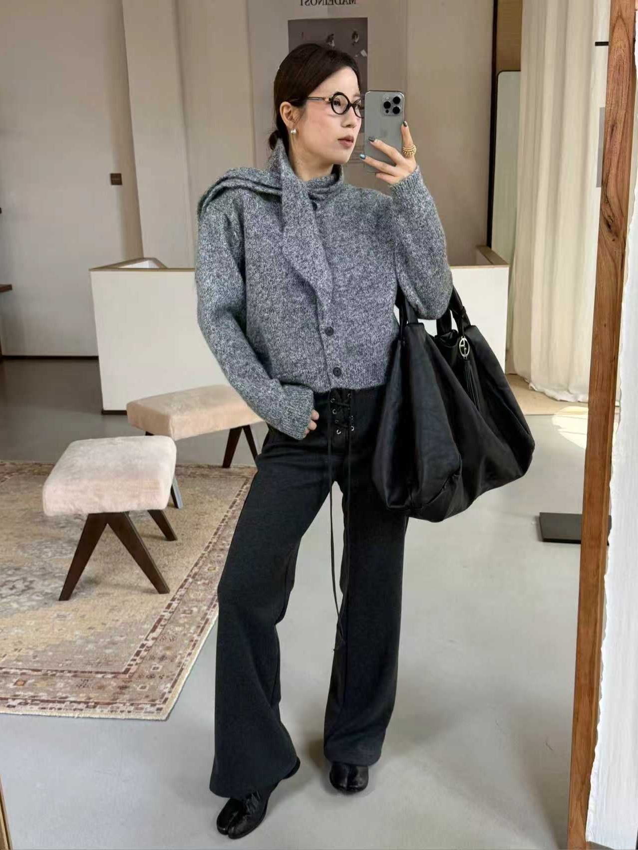 SCENARIO Lazy Scarf-Collar Wool Blend Knit Cardigan-3 Colors