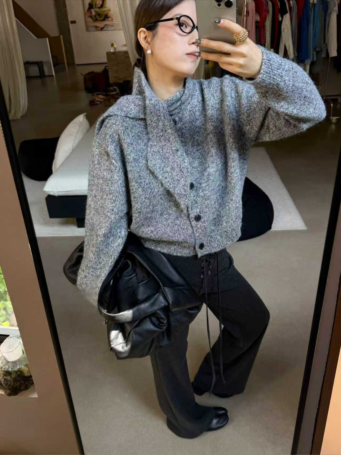 SCENARIO Lazy Scarf-Collar Wool Blend Knit Cardigan-3 Colors