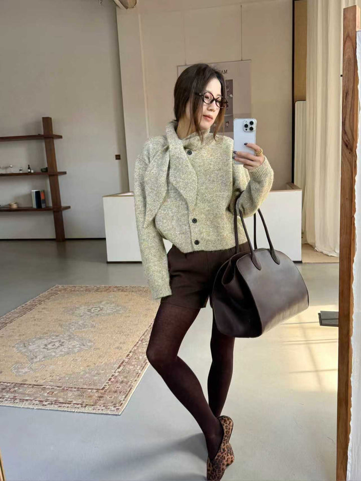 SCENARIO Lazy Scarf-Collar Wool Blend Knit Cardigan-3 Colors