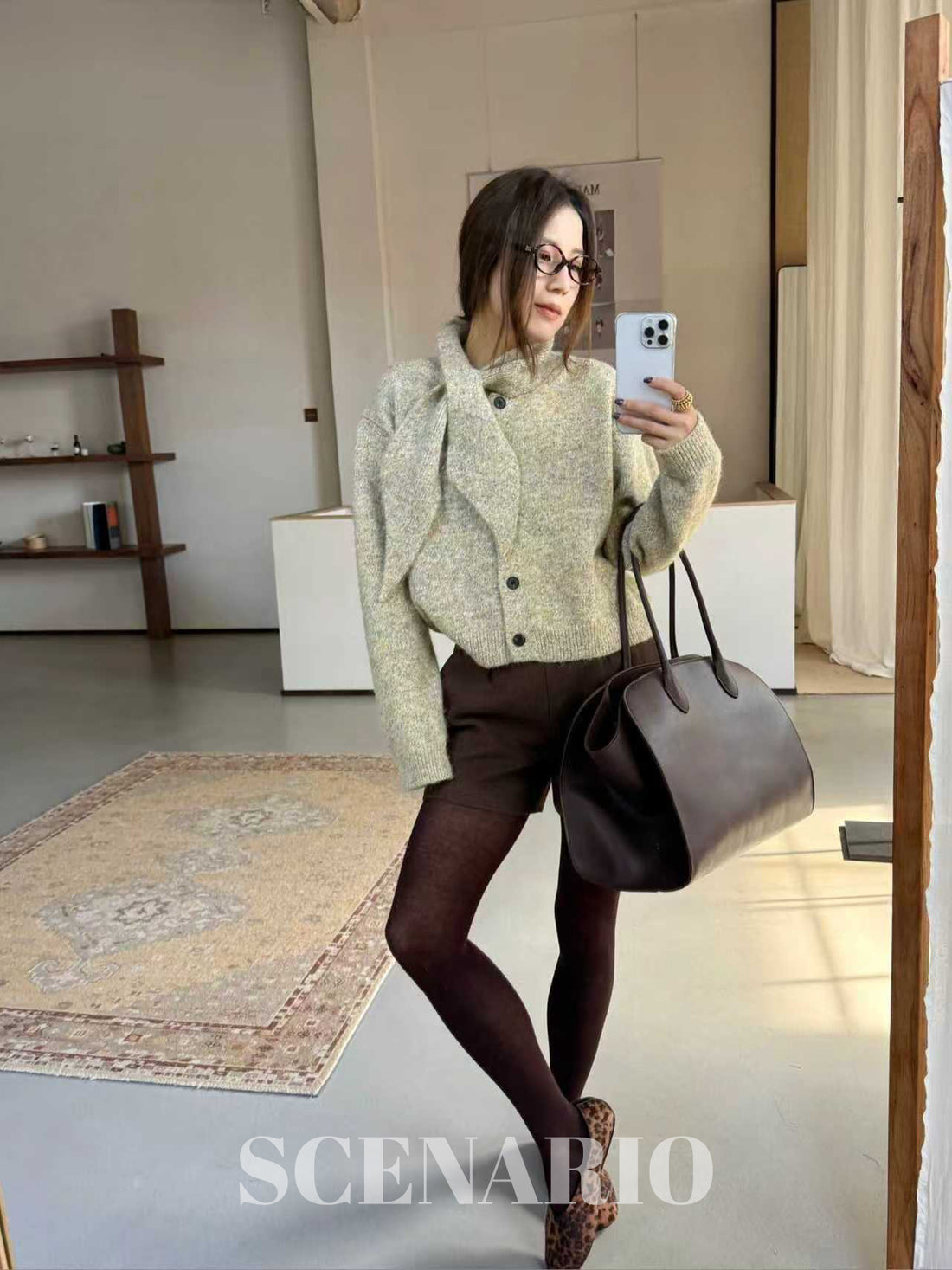 SCENARIO Lazy Scarf-Collar Wool Blend Knit Cardigan-3 Colors
