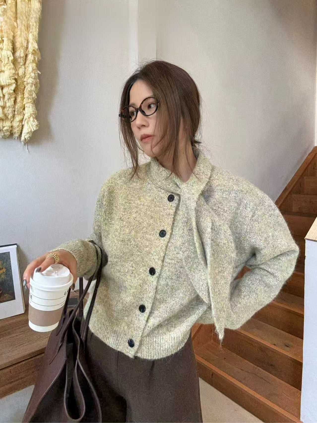 SCENARIO Lazy Scarf-Collar Wool Blend Knit Cardigan-3 Colors